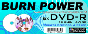 BURN POWER White PRINTABLE Blank DVD-R media 8-16X Full Hub Printable