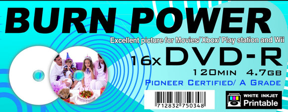 BURN POWER White PRINTABLE Blank DVD-R media 8-16X Full Hub Printable
