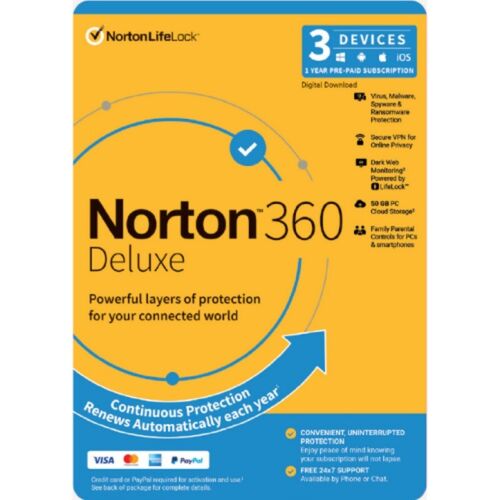 Norton 360 Deluxe 1 Year 3 or 5 Devices PC MAC ios VPN Email Lic Key