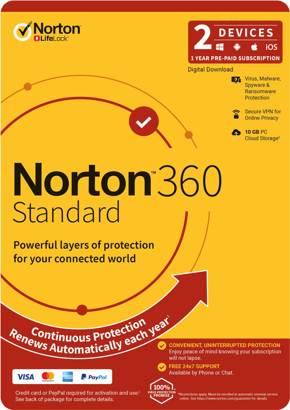 NORTON 360 STANDARD 2 DEVICE 1 YEAR PROTECTION WIN IOS MAC ANDROID